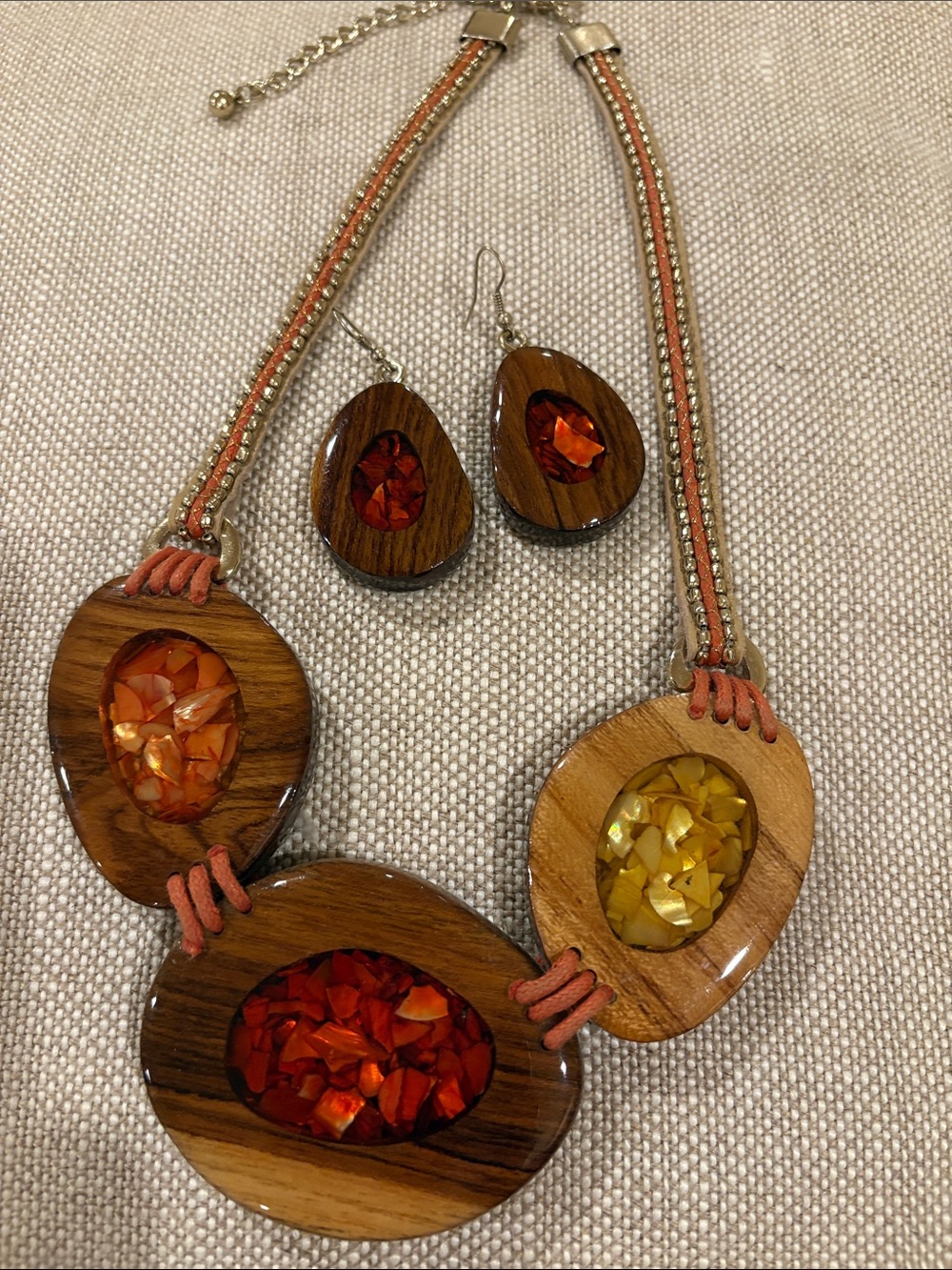 Wooden Statement Necklace and Earrings Set with Orange and Yellow Inlay 💃